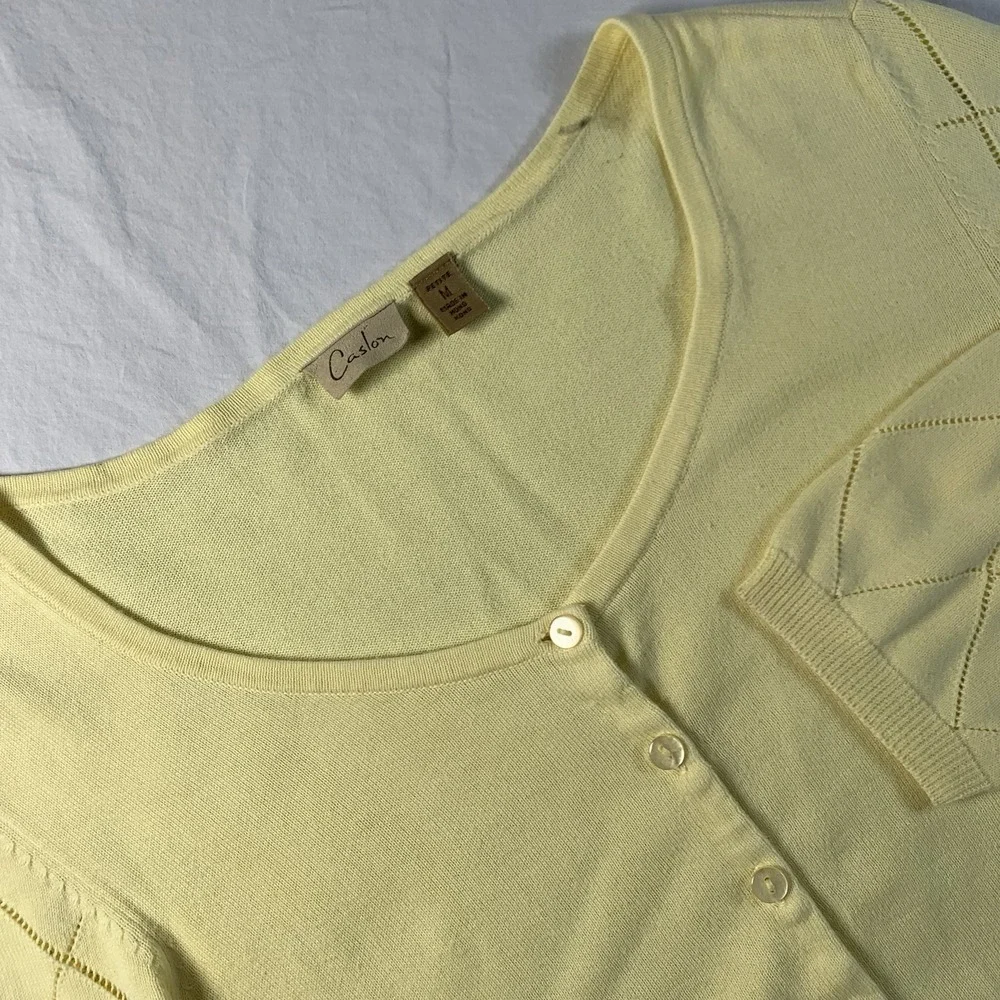 VTG Caslon Women's Petite Mp Butter Yellow 3/4 Sleeve Cotton Argyle‎ Cardigan